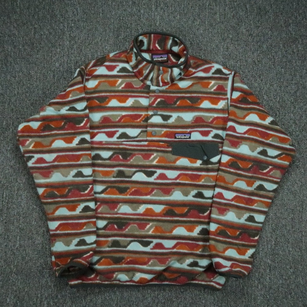 VINTAGE Patagonia Pullover Mens Medium Blue Orange Synchilla Snap-T Delta Cinder